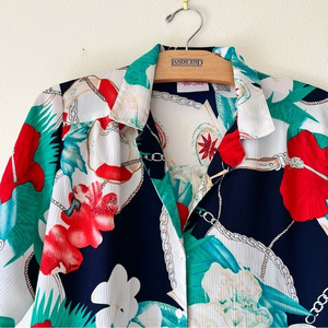 Vintage bold floral travel button up‎ blouse M
